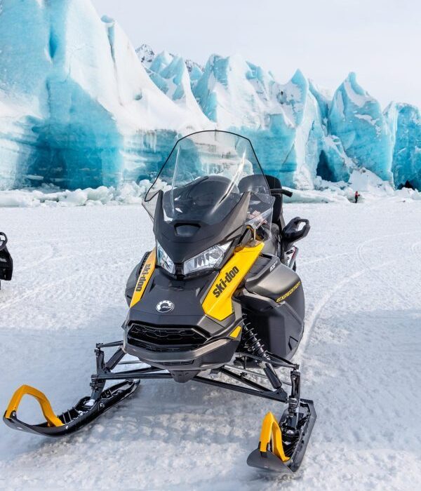 Expedition Sport 900 ACE at the face of Spencer Glacier with Alaska Snowmobile Tours and Rentals.